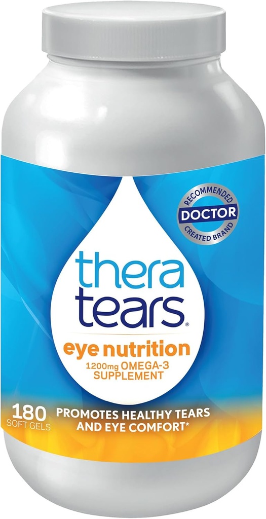TheraTears Omega 3 tillæg for øje pleje, 1200mg Fish Oil og økologiske hørfrø olie med vitamin E, 180 Tæl