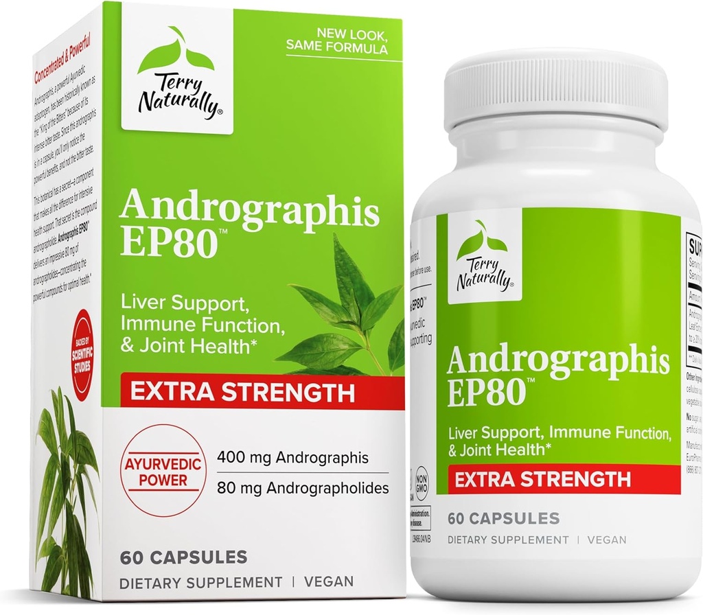 Terry naturligt Andrographis EP80 ekstra styrke - Hjerne sundhed & immunforsvar - Fælles sundhedstillæg til støtte mobilitet - Vegan Adaptogen supplement til energi & leverstøtte - 60 kapsler