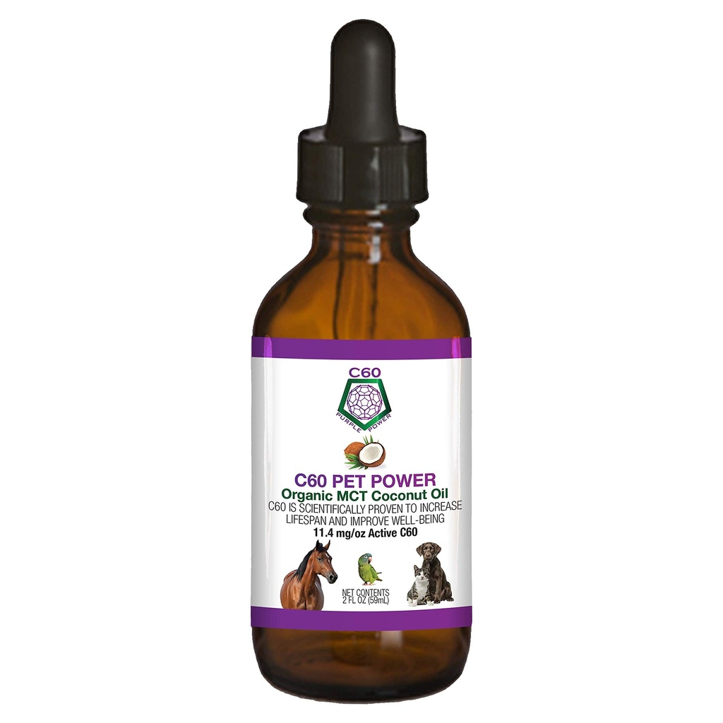C60 Power til kæledyr - C60 i Organic MCT Coconut Oil, Naturlig Wellness Support til hunde & katte, Pure Carbon Fullerenes, fremmer sund aldring, energi, & Mobilitet - 2 fl oz Flaske