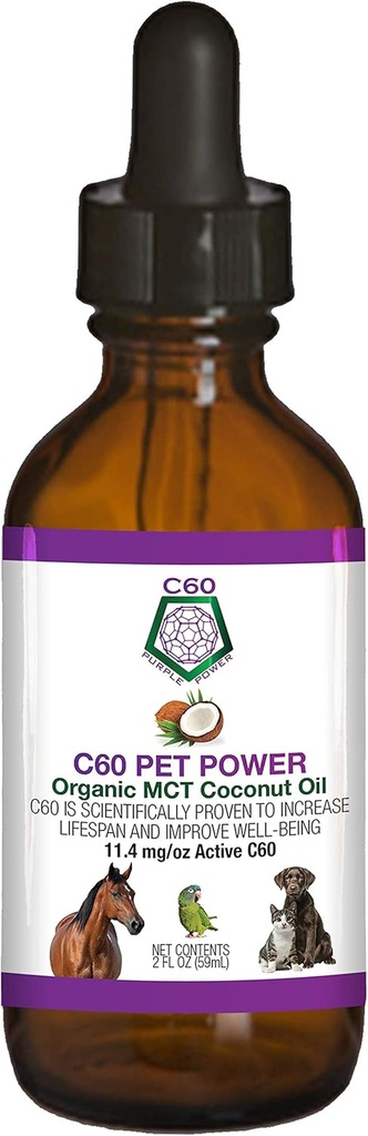 C60 Power til kæledyr - C60 i Organic MCT Coconut Oil, Naturlig Wellness Support til hunde & katte, Pure Carbon Fullerenes, fremmer sund aldring, energi, & Mobilitet - 2 fl oz Flaske