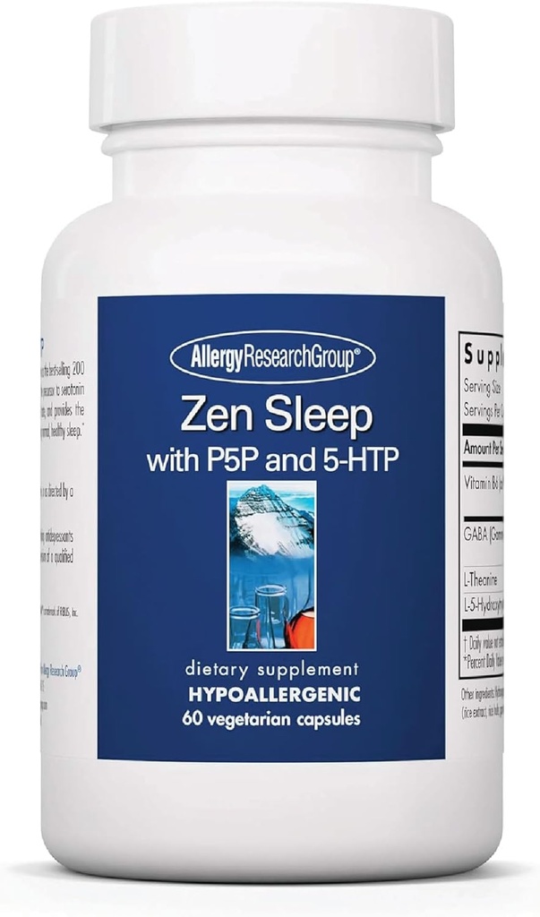 Allergy Research Group Zen Sleep - GABA L- Theanine Sleep Supplement for voksne med P5P, 5-HTP, og vitamin B6, Naturlig hjælp til rolig, rolig REM - 60 vegetariske kapsler