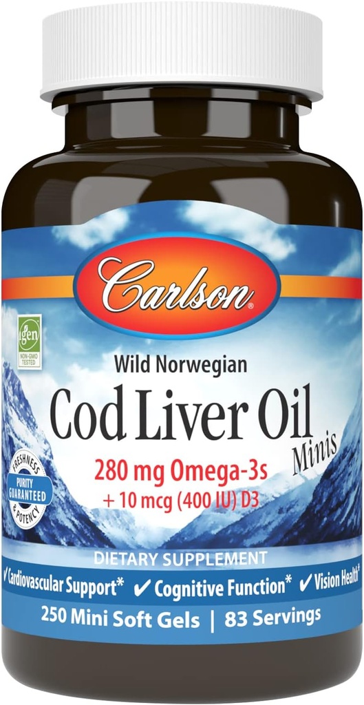 Carlson - Cod Lever Oil Minis, 280 mg Omega- 3s + Vitamin A & D3, Heart Support & Cognitive Function, Vision Health, 250 Mini Soft Gels