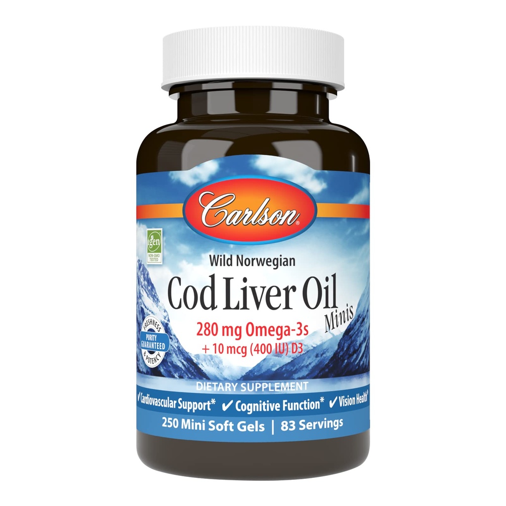 Carlson - Cod Lever Oil Minis, 280 mg Omega- 3s + Vitamin A & D3, Heart Support & Cognitive Function, Vision Health, 250 Mini Soft Gels