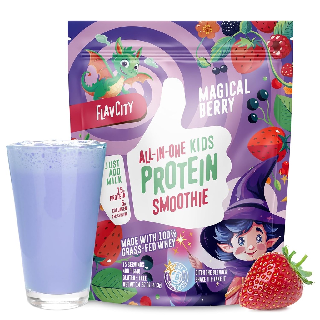 FlavCity All- in- One Protein Smoothie for Kids (Magisk Berry) - Grass- Fed & ikke denatureret Whey Protein Powder med 15 g Protein & 5g Collagen - Gluten- Free & Non- GMO - 15 Serveringer