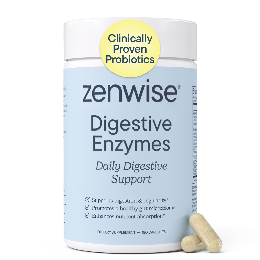 Zenvise sundhed fordøjelsesenzymer til Gut Health & Bloating Relief - Multi enzymer fordøjelse tillæg med Probiotika, Bromelain & Papaya til fordøjelsessygdomme støtte - Mænd og kvinder - 180 Tæl