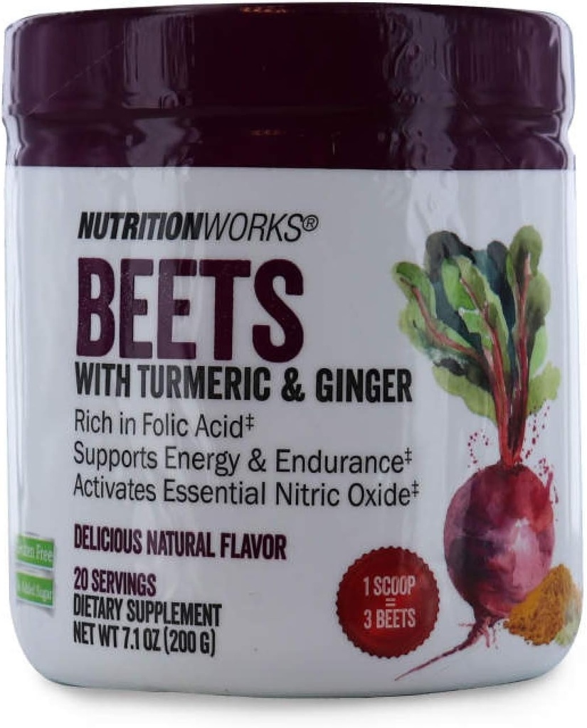 Nutrition Works Beets med gurkemeje & Ginger. Gluten Free, Ingen Tilføjet Sukker. Understøtter Energi & Endurance. Kosttilskud. 20 Servering 7.1 oz