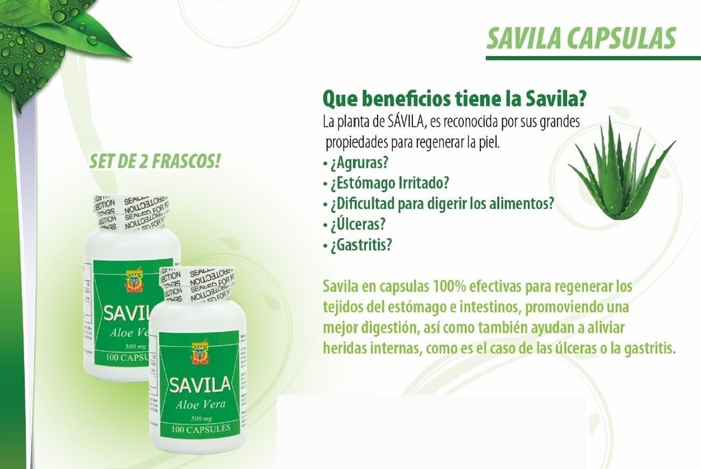 Nutrisalud Products Capsulas de Savila, Aloe Vera Capsules 500mg. Set de 2 Frascos 100 capsulas CADA un.Efectivo Contra ulceras, agruas, mala fordøjelse, Colitis, estreñimiento. Dura mas de 3 Meses.