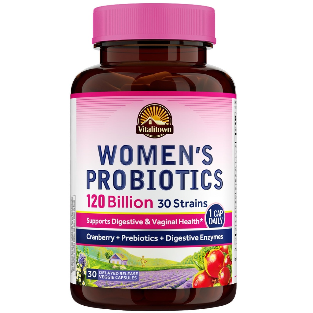 Vitalitown Probiotika til kvinder 120 Millioner CFU 'er, 30 Strops, med Prebiotics & fordøjelsesenzymer & Cranberry, Gut & Vaginal Sundhed, Vegan 30 Forsinkede Udgivelseskapsler