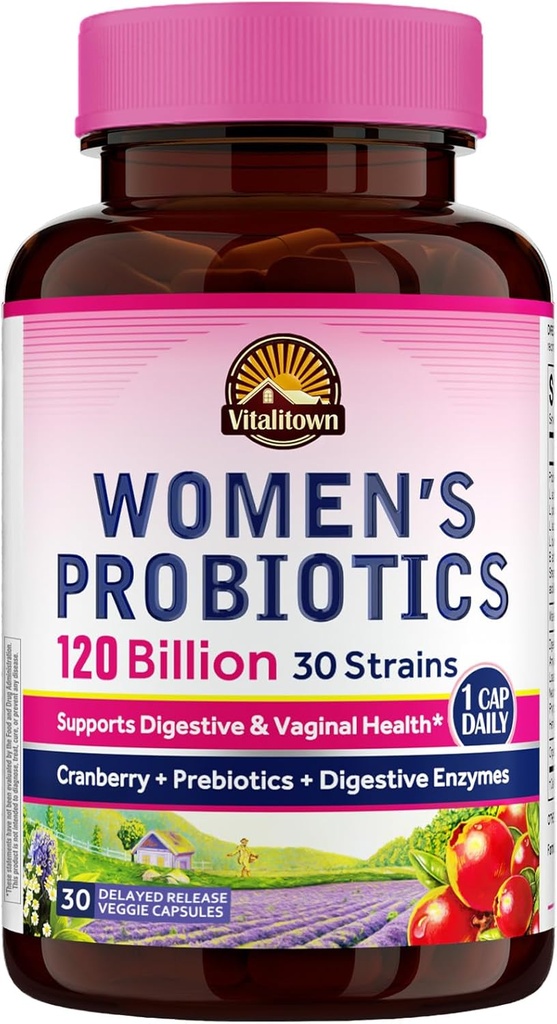 Vitalitown Probiotika til kvinder 120 Millioner CFU 'er, 30 Strops, med Prebiotics & fordøjelsesenzymer & Cranberry, Gut & Vaginal Sundhed, Vegan 30 Forsinkede Udgivelseskapsler