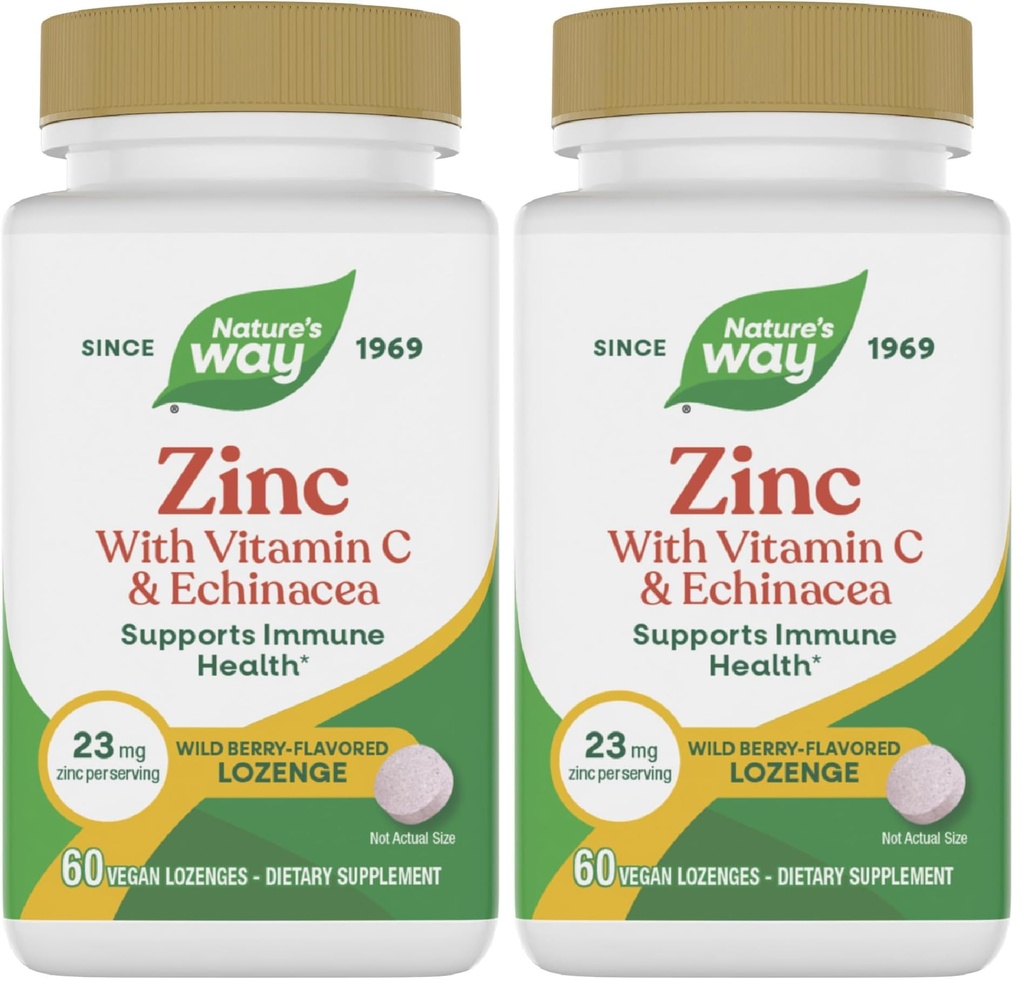 Nature 's Way Zink Lozenges with Vitamin C & Echinacea, Immunsupport *, Wild Berry Flavored, 60 Lozenges (pakke med 2)