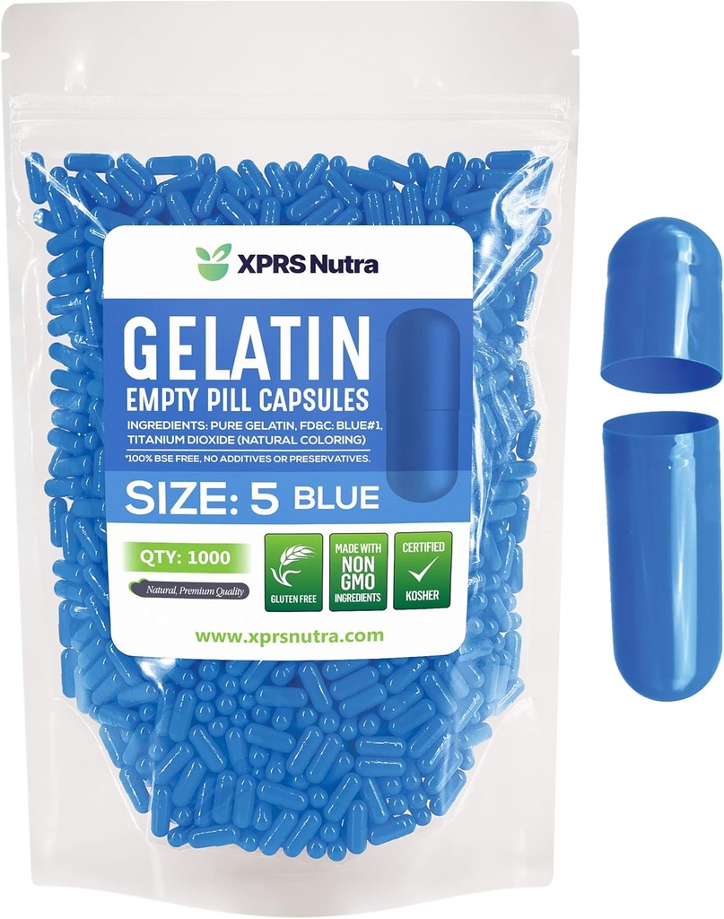 XPRS Nutra Størrelse 5 Tomme kapsler - 1000 Tomme meget små Tomme Gelatine kapsler - Piller selv Kapsel Fyldning - Fyldelige Pille Gel Caps til Do- It- Yourself Vitamin Kosttilskud (blå)