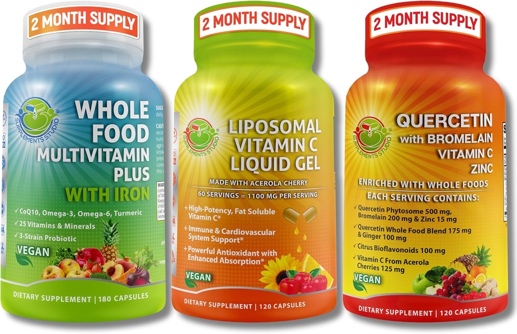 Immunation, Energi & Omfattende Multi- System Support Trio - Liposomal C-vitamin 1100mg Flydende Gel + Quercetin med Bromelain, Zink & C-vitamin + Daglig Multivitamin med jern - Non-GMO, Clean Label
