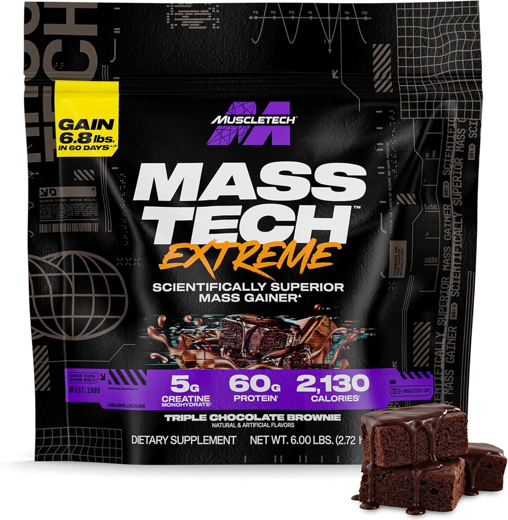Muscletech High- Protein Mass Gainer (Triple Chocolate Brownie, 6LB) - Mass Tech Extreme 2000 Mass Gainer Protein Powder Supplement - Vægt Gainer for øge muskel, Forbedret inddrivelse & Styrke