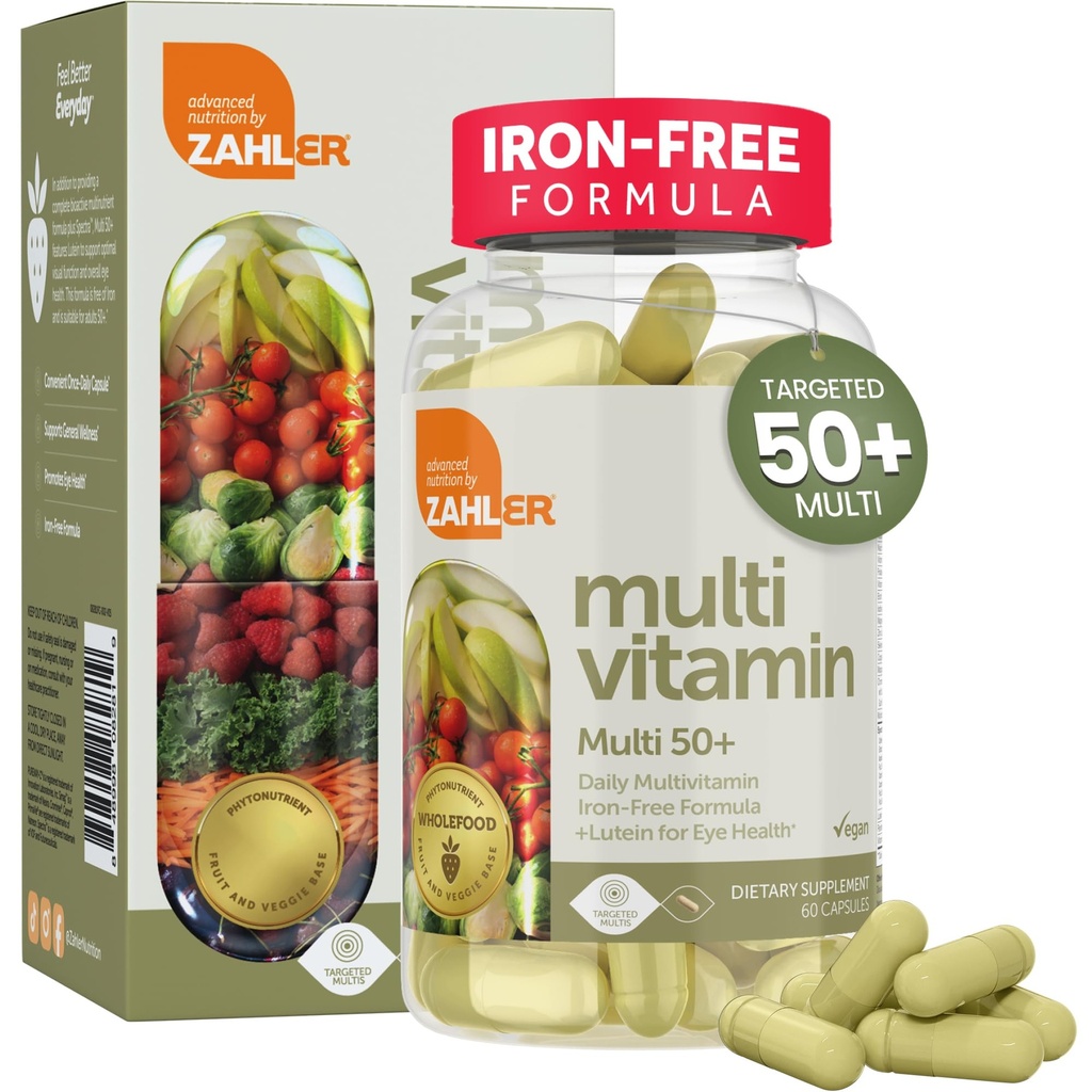 Zahler Multivitamin 50 +, Iron- Free Formel + Lutein for øje sundhed, 60 kapsler.