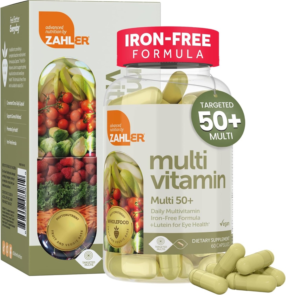 Zahler Multivitamin 50 +, Iron- Free Formel + Lutein for øje sundhed, 60 kapsler.