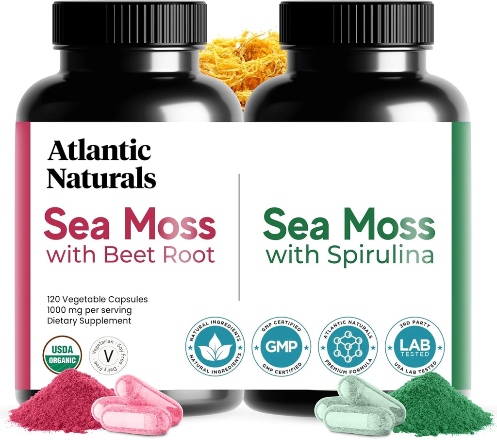 Atlantic Naturals Sea Moss Superfood Bundle - Sea Moss med Beet Root & Spirulina kapsler - Defense Support, Blood Flow, Joint Health & Iron - 240 kapsler (2 x 120 ct)