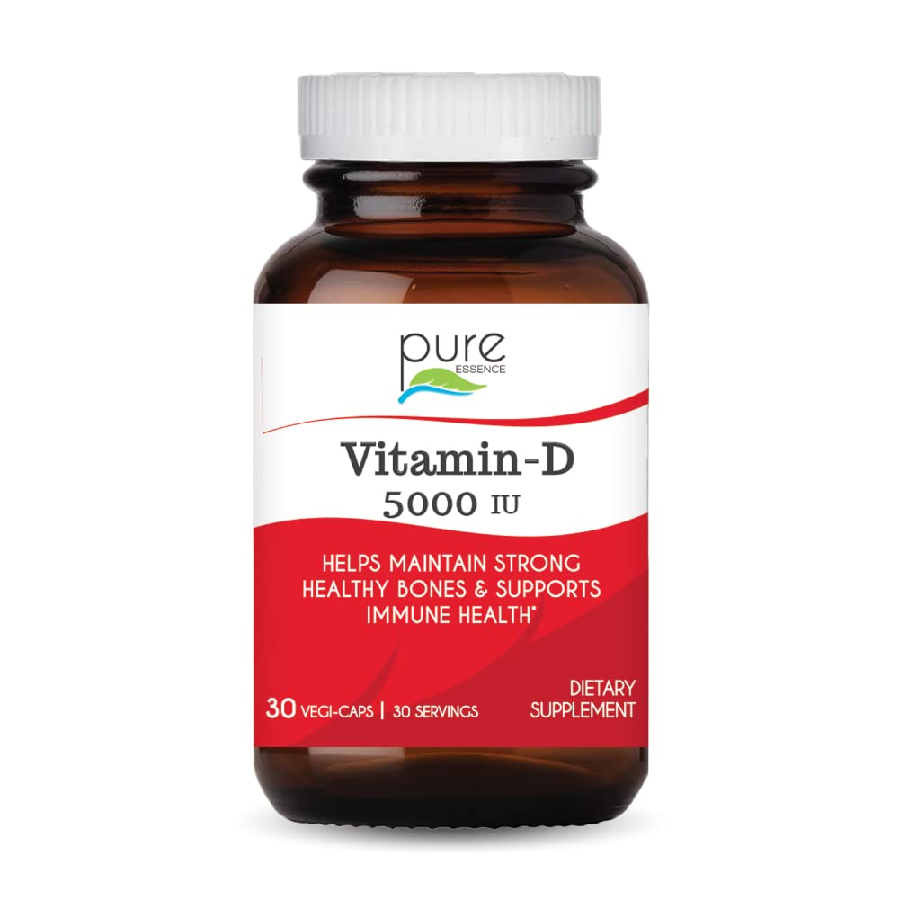 Pure Essence Labs D-vitamin - 5000 IE D-vitamin fra 100% Pure Cholecalciferol - 30 Vegetariske kapsler