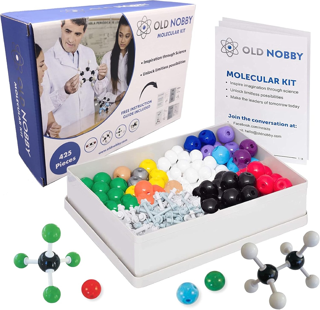 Old Nobby Organic Chemistry Set (425 pc) Molekylær Model Kit med Atoms, bonds, Guide, Bond Removal Tool - STEM Science Kits for Kids Legetøj Chemistry Set for Studerende Lærere Unge Forskere