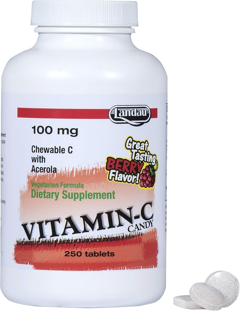 Landau 100mg Chewable C-vitamin slik til børn og voksne - Easy- to- Take C-vitamin tillæg med Acerola - Kosher & Lavet i USA - Great Tasting Berry Flavor, 250 tabletter