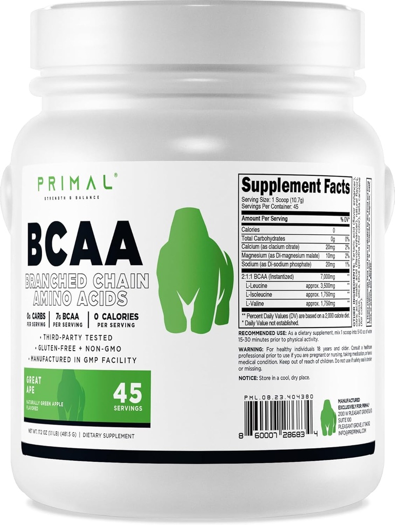 Primal BCAA Powder Great Ape (45 SERV) (grøn æble smag) - 0 g kulhydrater, 0 kalorier, 7g BCAA Per Servering