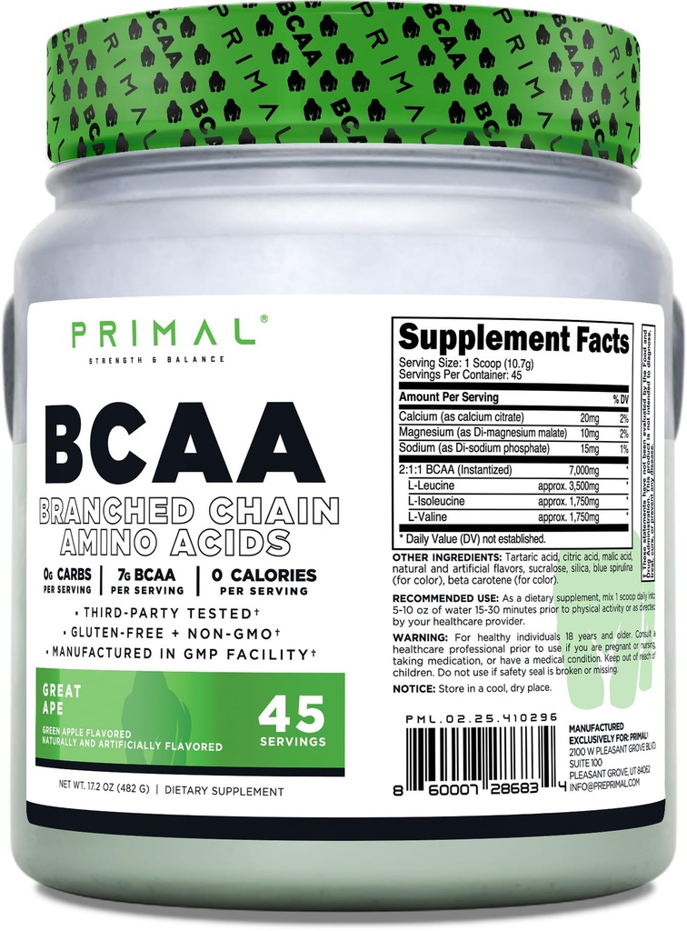 Primal BCAA Powder Great Ape (45 SERV) (grøn æble smag) - 0 g kulhydrater, 0 kalorier, 7g BCAA Per Servering