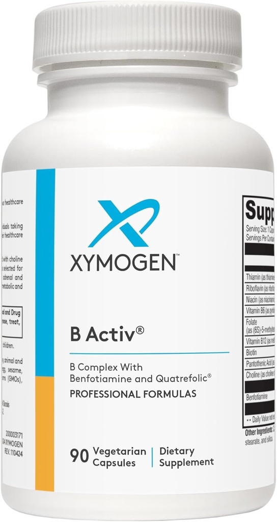 XYMOGEN B Activ Vitamin B Kompleks med benfotiamin, methylfolat, biotin, vitamin B6 & B12 (Methylcobalamin b12) - Energitilskud til binyrebark & Mood Support (90 kapsler)