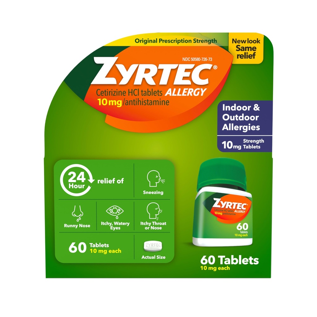 Zyrtec 24 timers allergilindring tabletter, indendørs og udendørs allergimedicin med 10 mg Cetirizin HCl per antihistamin tablet, lindring af allergier, 60 tal.