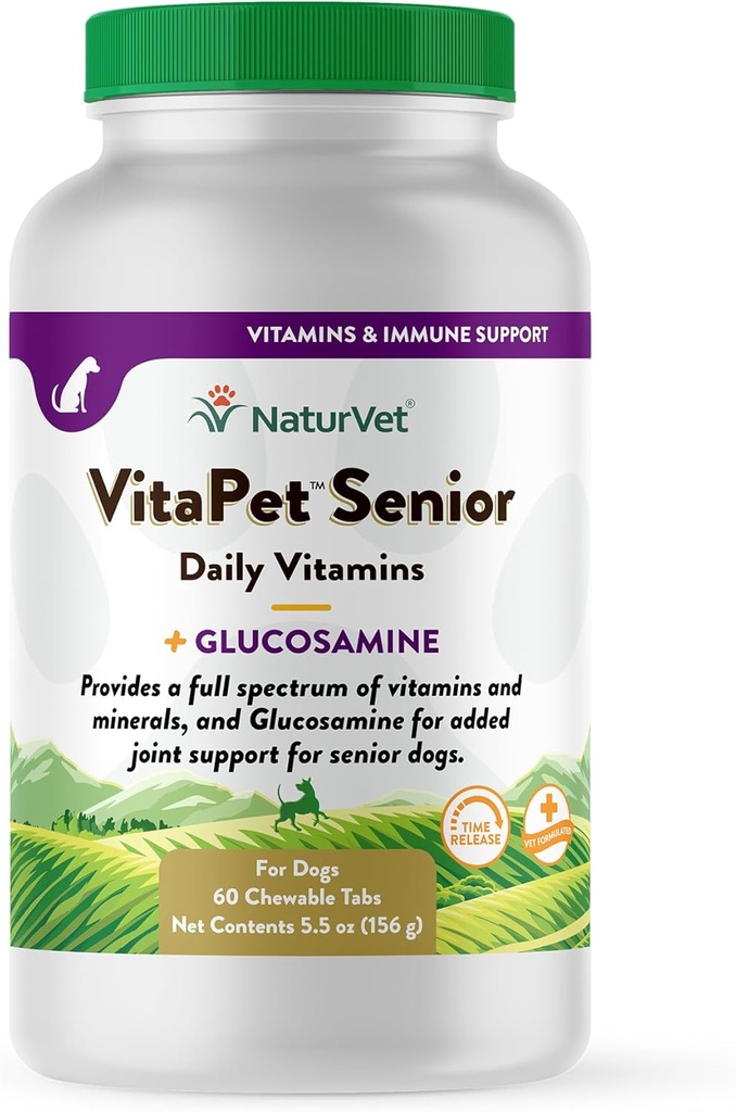NaturVet - VitaPet Senior Daily Vitamin til Senior Hunde - Plus Glucosamin - Fuld Spektrum af Vitamin & Min - Forbedret med Glucosamin til Tilføjet fælles støtte - 60 tidsudgivelsestabletter