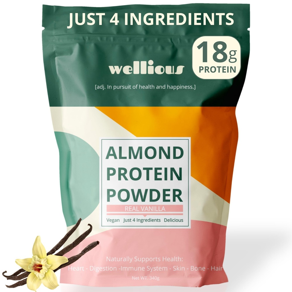 wellious Mandel Protein Powder (Vanilla) - 18 Bedste af Pure Healthiest Vegan Protein for Women & Men - Perfekt Gluten- Free, Soy- Free & Glat Gut Friendly Protein Powder for Sports Nutrition