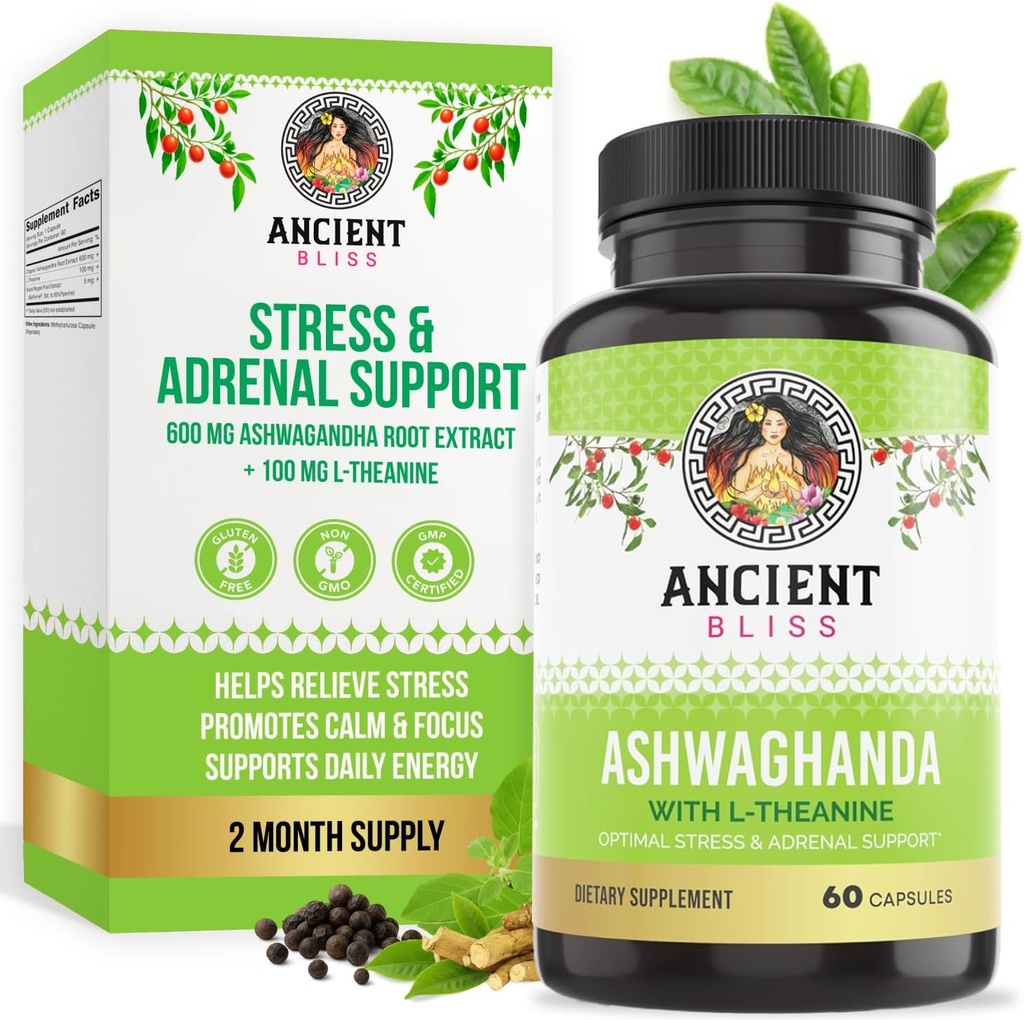 Ancient Bliss Ashwagandha med L- Theanine & Black Pepper Extract Kapsler, Energi & Naturlig Mood Support, Focus Supplement for voksne