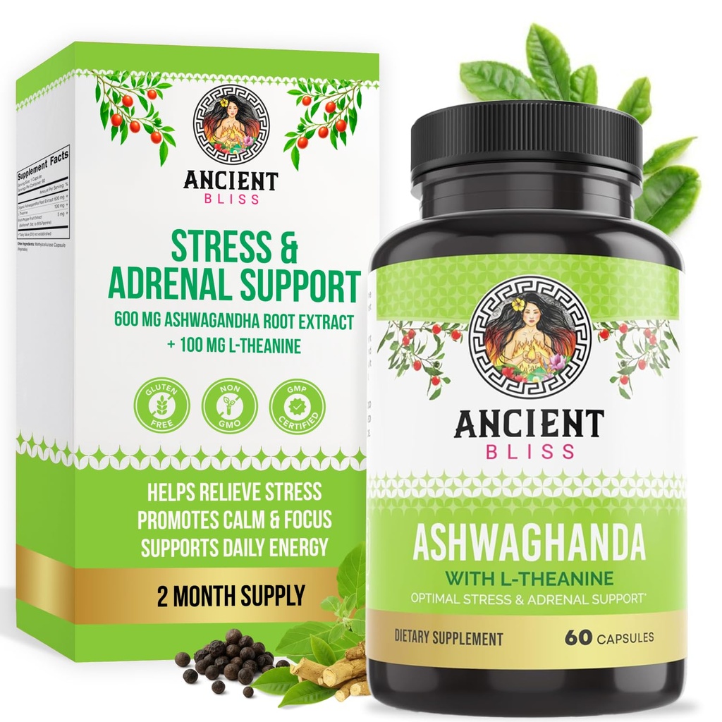 Ancient Bliss Ashwagandha med L- Theanine & Black Pepper Extract Kapsler, Energi & Naturlig Mood Support, Focus Supplement for voksne