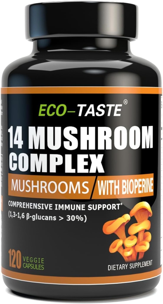 14 Svampe Supplement 120 Kapsler - Immunsystemet Booster & Nootrop Brain Supplement - med løvens Mane, Reishi, Maitake, Tyrkiet Tail, Chaga Complex - Black Pepper for Absorption, 30% Beta- glucan