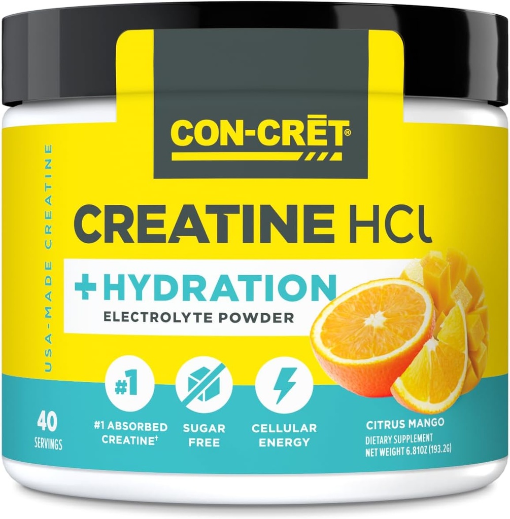 CON-CRET Creatine HCl + Hydration | Electrolyte Powder Tub | Citrus Mango | Sugar Free Electrolytes | Rehydration Formula w Potassium, Sodium, Zinc, Magnesium to Hydrate & Recover (40 serv)