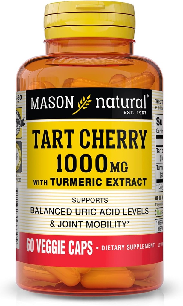 MASON NATURAL 1000mg Tart Cherry Extract med standardiseret gurkemeje, 60 dages forsyningskapsler til fælles støtte