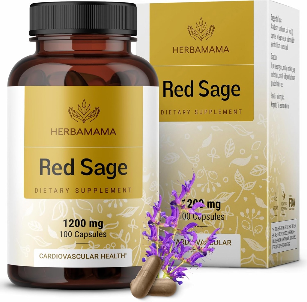 HERBAMAMA Red Sage Supplement Kapsler - 1200mg Red Sage Root (Dan Shen) til Antioxidant Support - Vegan, Non- GMO Salvia Miltiorrhiza Supplement