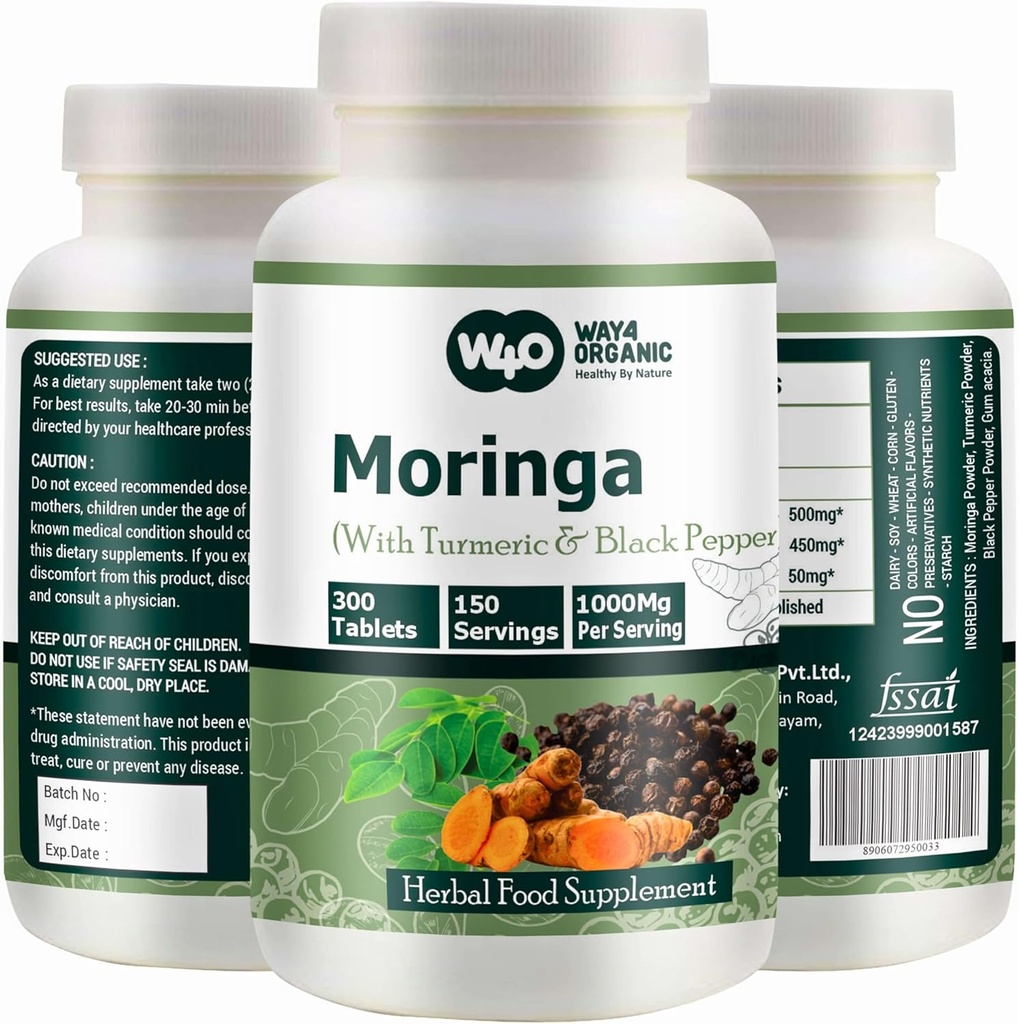 Moringa Tablets with Turmeric and Black Pepper, 300 Pills, 5 Month Supply, 150 Serving, 1000 Mg per Serving. One Capsule with Multiple Benefits - Supports Digestive Health (Pack of 1)