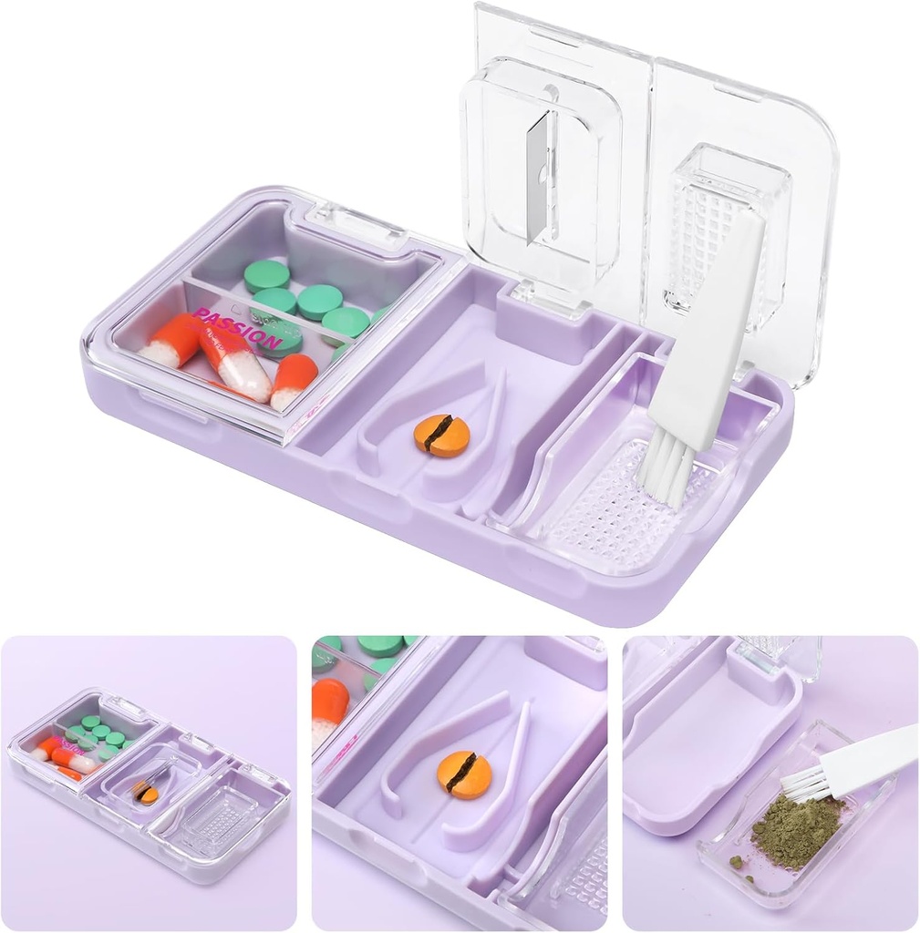 Toplive Portable 3- in-1 Pill Cutter og Pill Grinder og Pill Holder, Nøjagtig nem skæring, Medicin Crusher til små store piller, Vitamin Tablets Splitter til ældre børn Kæledyr, Lilla