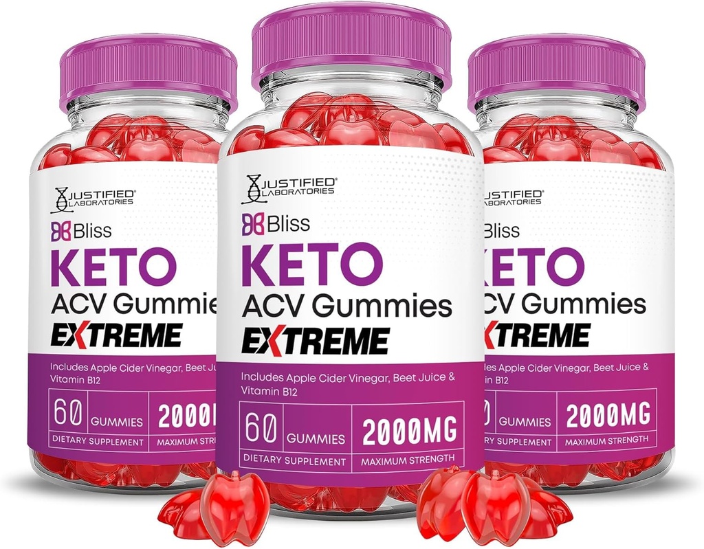 Justified Laboratories (3 Pack Bliss Keto ACV Gummies Extreme 2000MG Bliss Keto Gummies Apple Cider Vinagar Formuleret med Pomegranate Beet Juice Powder B12 Vegan Non GMO 180 Gummys