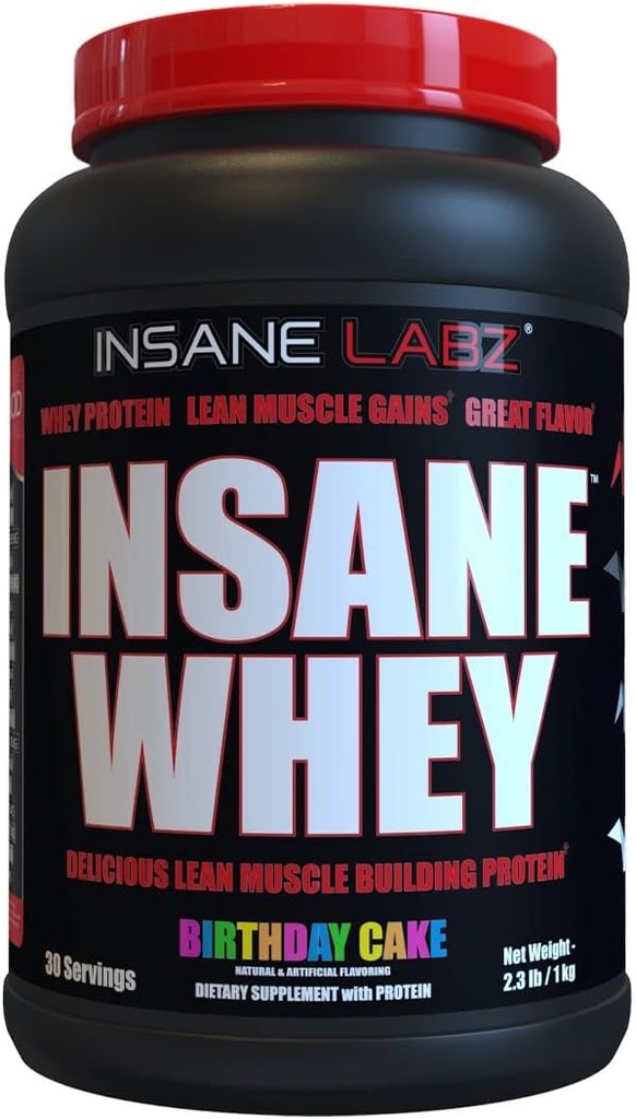 Insane Labz Insane Whey, 100% Muscle Building Whey Protein, BCAA Amino Profile, Mass Gainer, Meal Erstatning (Fødselsdagskage, 30 Servere)