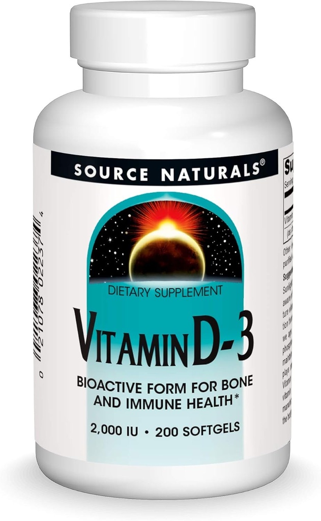 Source Naturals Vitamin D-3 2000 iu Understøtter Bone & immunforsvar - 200 Softgels