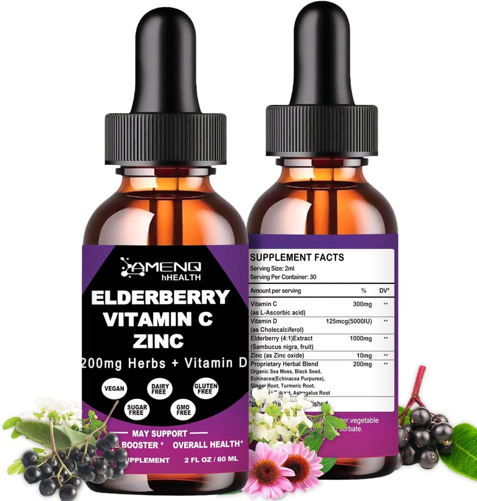 Økologisk Elderberry Syrup, flydende dråber Elderberry C-vitamin og zink til voksne, 11-in-1 Sambucus Black Elderberry tinktur w / Vitamin D3, Sea Moss Black Seed, Elderberry immunsupport supplement
