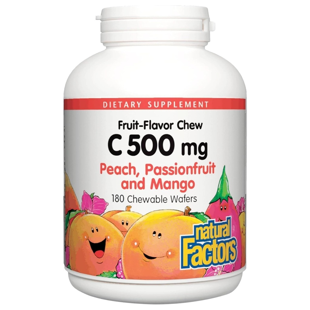 Naturlige faktorer, Kids Chewable C-vitamin 500 mg, Understøtter immunforsvar, knogler, tænder og tandkød, Peach, Passionsfrugt og Mango, 180 Wafers