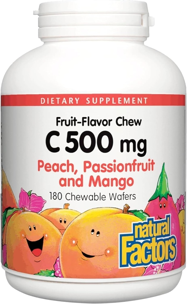 Naturlige faktorer, Kids Chewable C-vitamin 500 mg, Understøtter immunforsvar, knogler, tænder og tandkød, Peach, Passionsfrugt og Mango, 180 Wafers