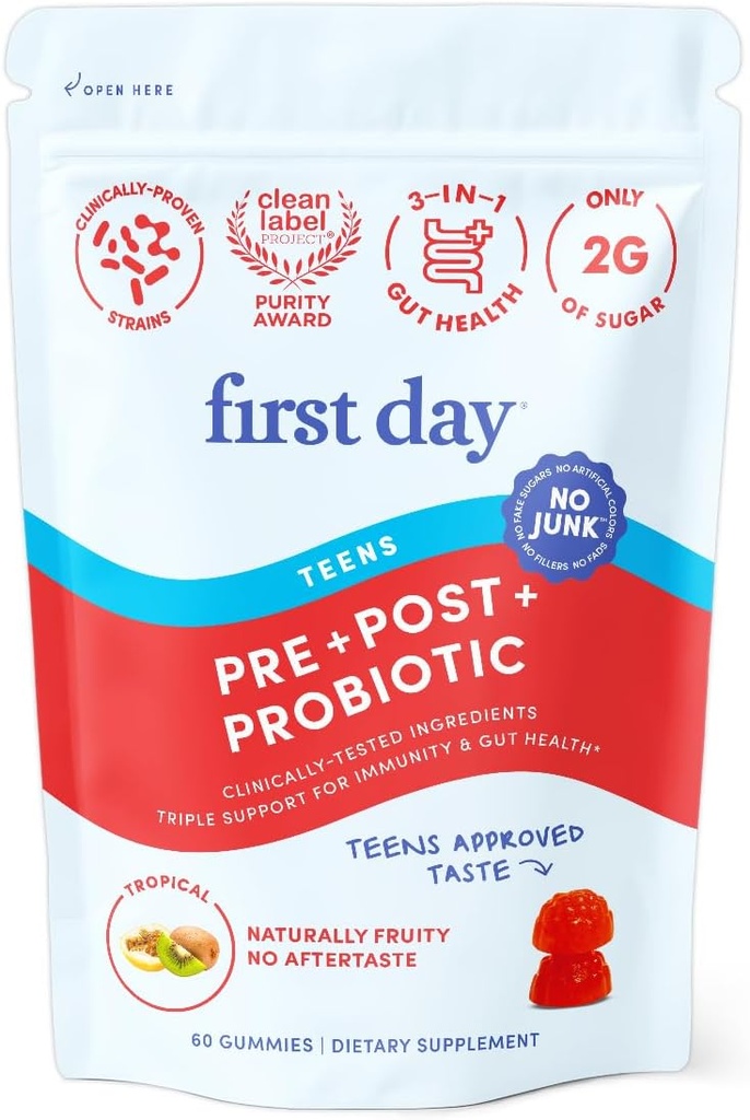 Første dag Teens 'Gut Sustainer Tribiotiske Gummies - 3-in-1 Prebiotic, Probiotic & Postbiotic Supplement - Understøtter fordøjelse, hud, Oral & immunforsvar, Nutrient Absorption & vækst - 30-dages forsyning