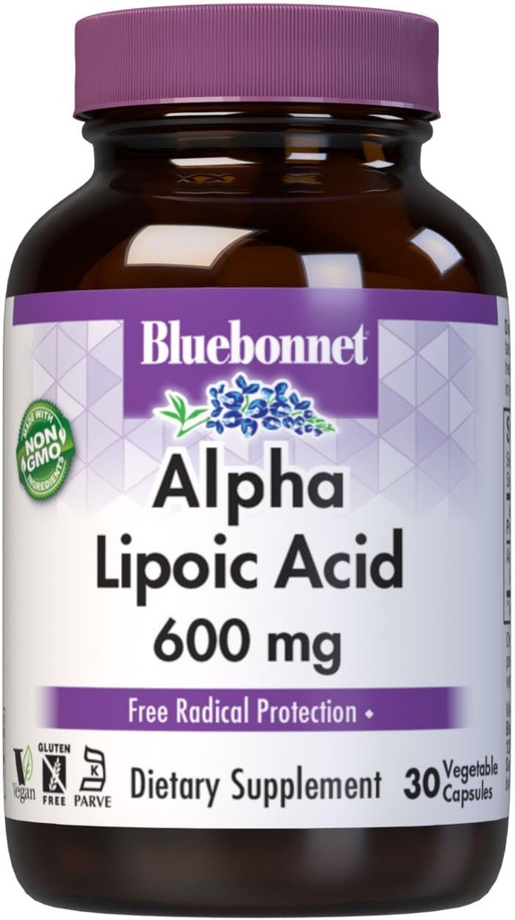BlueBonnet Alpha Lipoic Acid 600mg - Kraftfuld Antioxidant Nerve Support for Kvinder & Mænd - Non- GMO, Vegan, Kosher - Gluten- Free, Soy- Free, Dairy- Free - 60 Vegetabilske kapsler