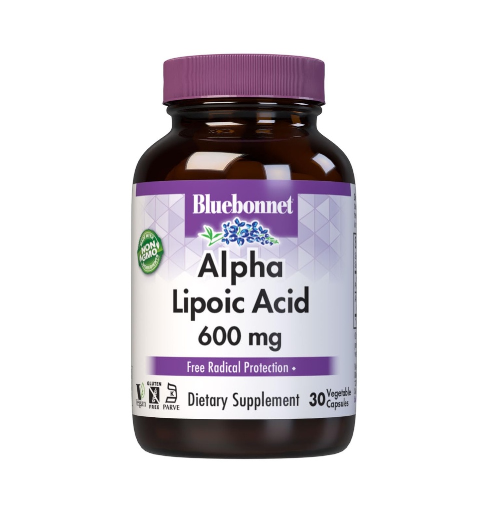 BlueBonnet Alpha Lipoic Acid 600mg - Kraftfuld Antioxidant Nerve Support for Kvinder & Mænd - Non- GMO, Vegan, Kosher - Gluten- Free, Soy- Free, Dairy- Free - 60 Vegetabilske kapsler