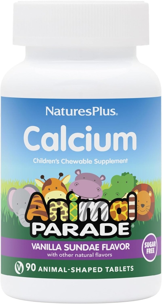 NaturesPlus Animal Parade Sugar- Free Children 's Calcium, Vanilla Sundae Flavor - 90 Chewable Animal Shaped Tablets - Magnesium for ben sundhed - Gluten Free - 45 Servere