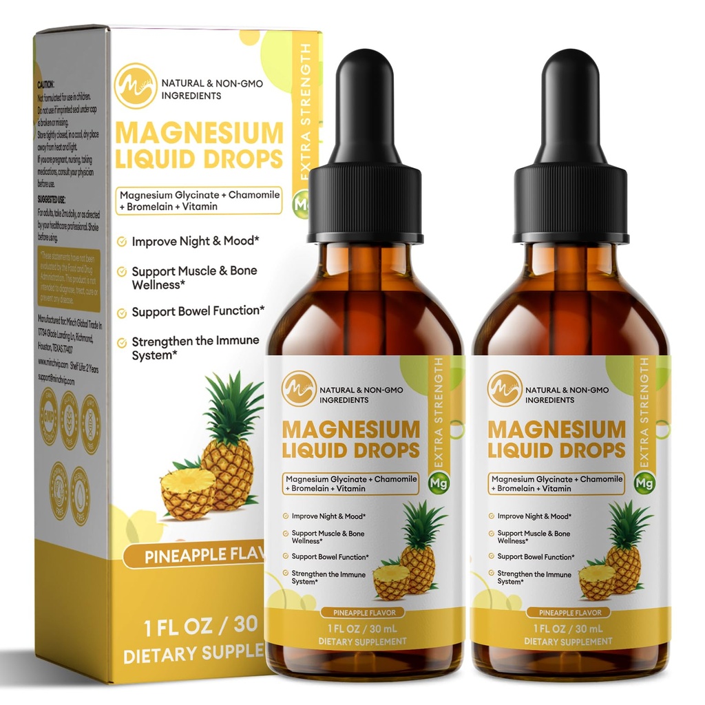 M tommer Magnesium Glycinat Væske, Høj Absorption Magnesium Liquid Drops med Cellulose Fiber, Bromelain, B6-vitamin, C, D, zink, Magnesium supplement til børn og voksne, Ananaspartikler, 2 Pack