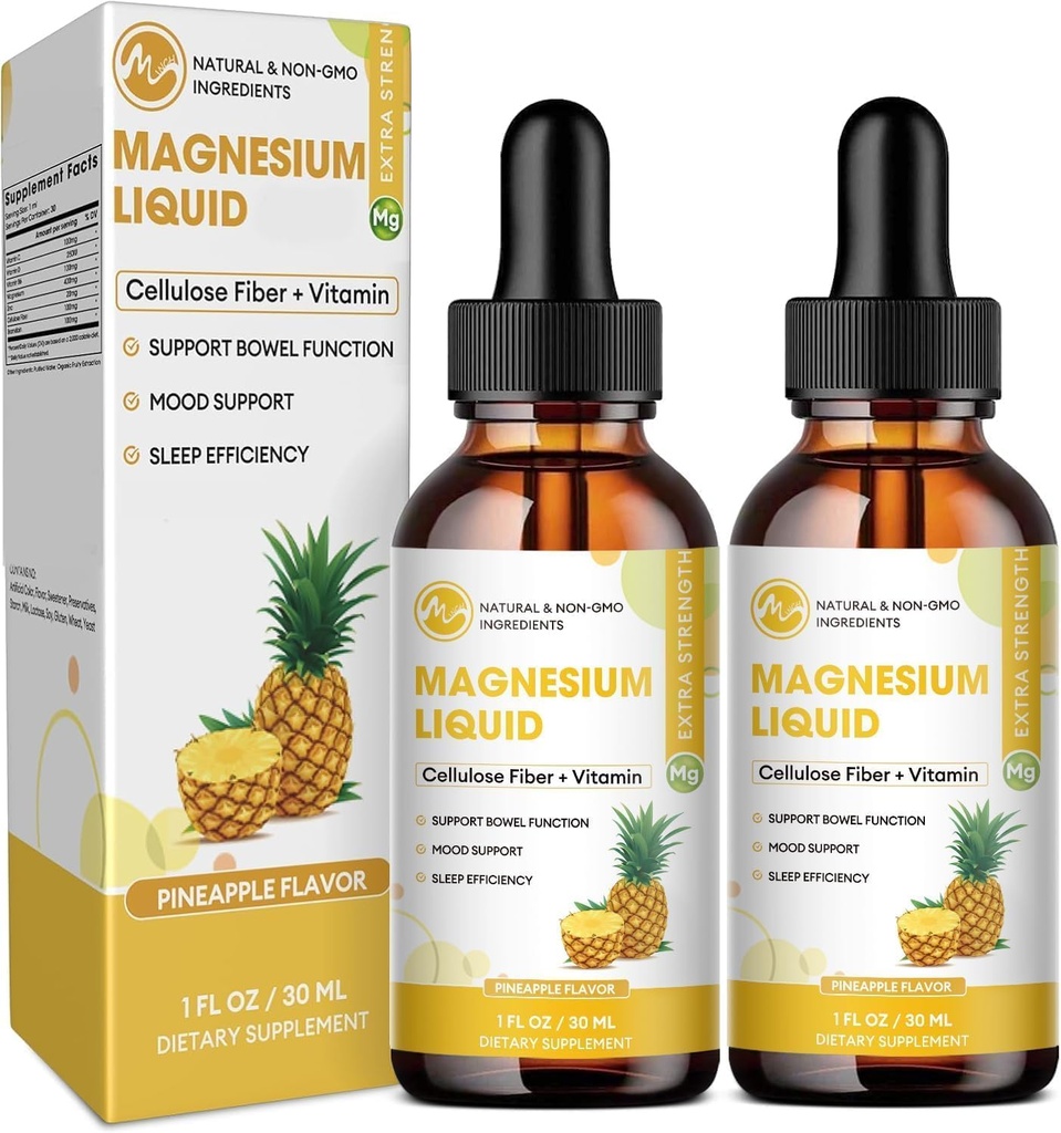M tommer Magnesium Glycinat Væske, Høj Absorption Magnesium Liquid Drops med Cellulose Fiber, Bromelain, B6-vitamin, C, D, zink, Magnesium supplement til børn og voksne, Ananaspartikler, 2 Pack