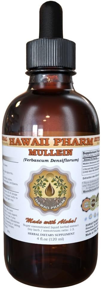 Mullein Liquid Extract, Organic Mullein (Verbascum densiflorum) Tinktur, Urtetilskud, Hawaii Pharm, Lavet i USA, Hawaii Pharm, Lavet i USA 2 fl.oz